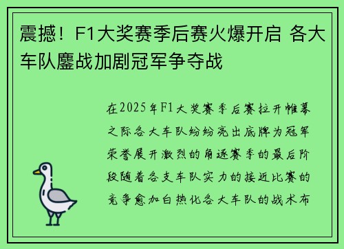 震撼！F1大奖赛季后赛火爆开启 各大车队鏖战加剧冠军争夺战